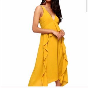 Yellow Dress Midi Ruffle Dress, V-Neck